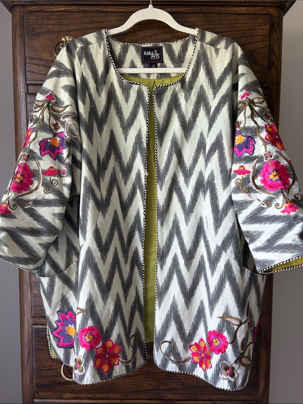 Rara Avis Gray Chevron Embroidered Open-Front Jacket - Size 2X